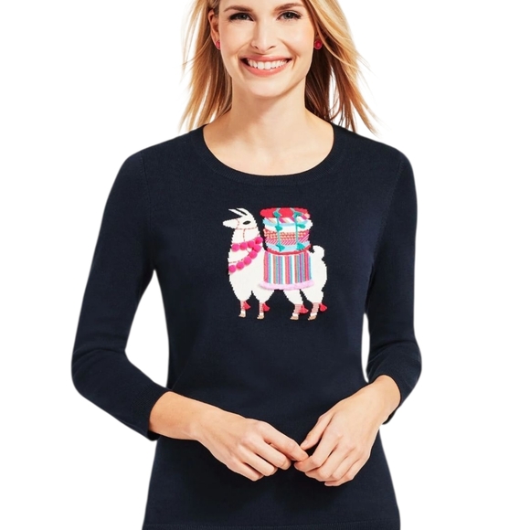 NWT Womens Talbots Dark Navy Blue Llama-Embellished Crewneck Sweater Sz L - Picture 2 of 12